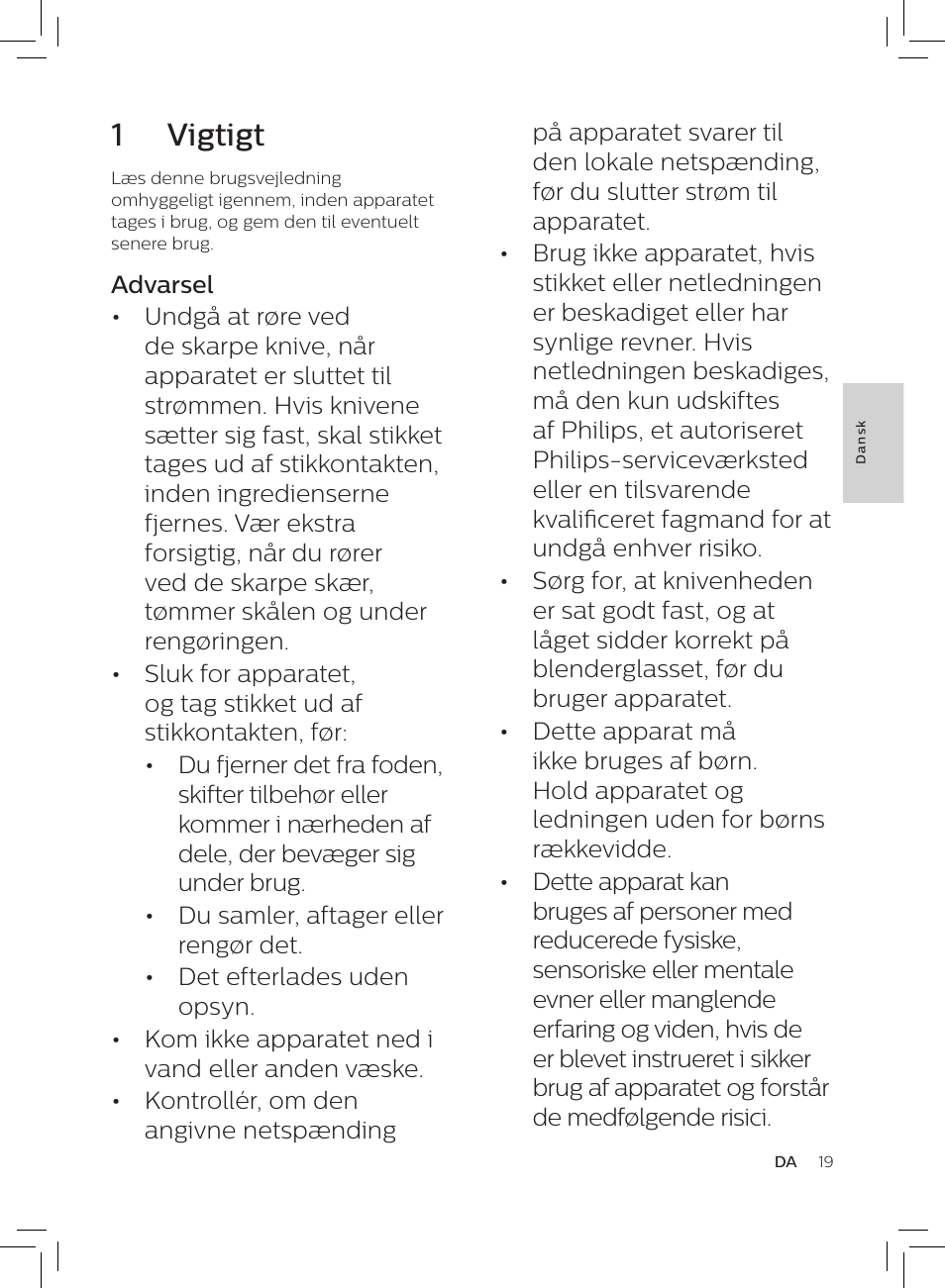 1 vigtigt | Philips HR3652/01 User Manual | Page 15 / 82