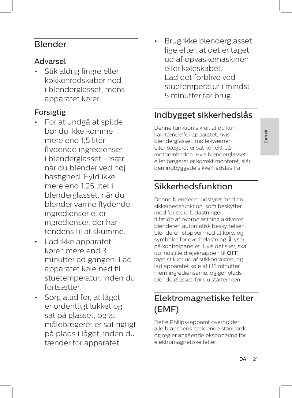 Indbygget sikkerhedslås, Sikkerhedsfunktion, Elektromagnetiske felter (emf) | Blender | Philips HR3652/01 User Manual | Page 17 / 82