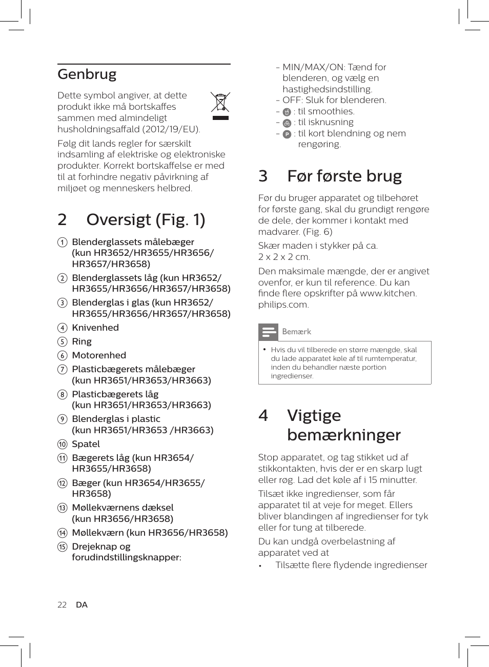 3 før første brug, 4 vigtige bemærkninger, 2 oversigt (fig. 1) | Genbrug | Philips HR3652/01 User Manual | Page 18 / 82