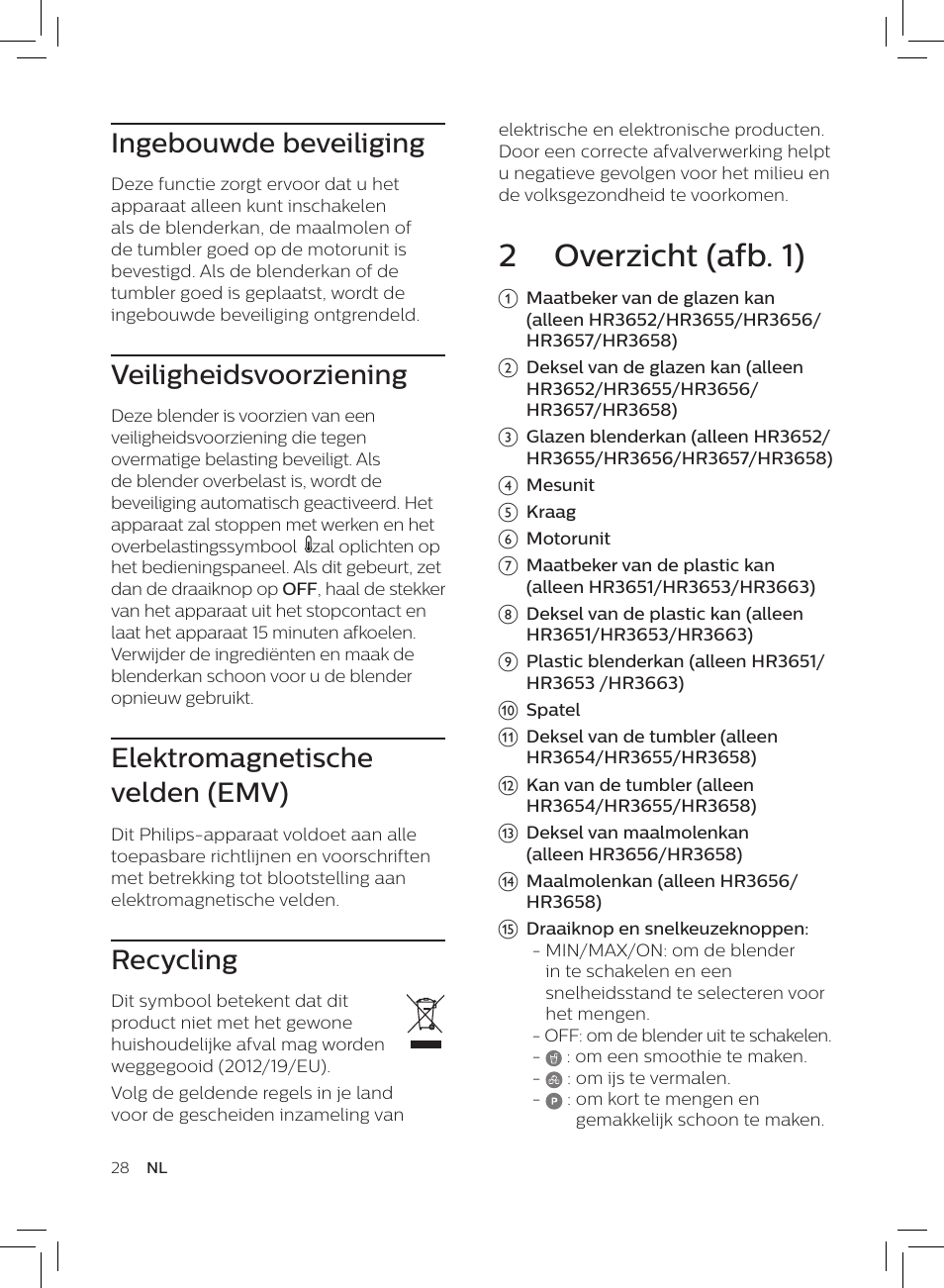 2 overzicht (afb. 1), Ingebouwde beveiliging, Veiligheidsvoorziening | Elektromagnetische velden (emv), Recycling | Philips HR3652/01 User Manual | Page 24 / 82