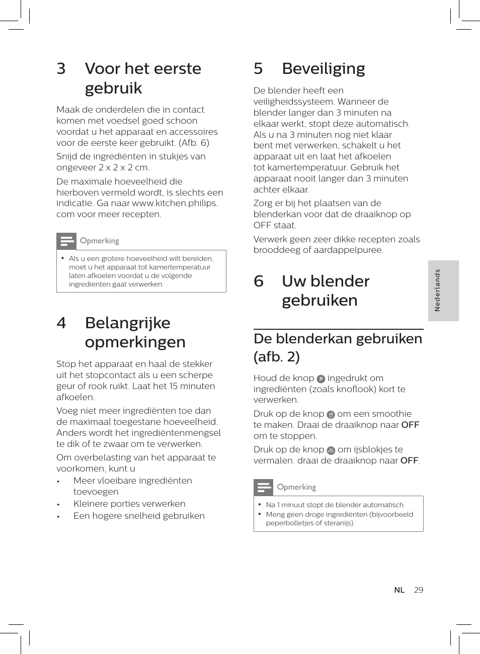 5 beveiliging, 6 uw blender gebruiken, 3 voor het eerste gebruik | 4 belangrijke opmerkingen, De blenderkan gebruiken (afb. 2) | Philips HR3652/01 User Manual | Page 25 / 82
