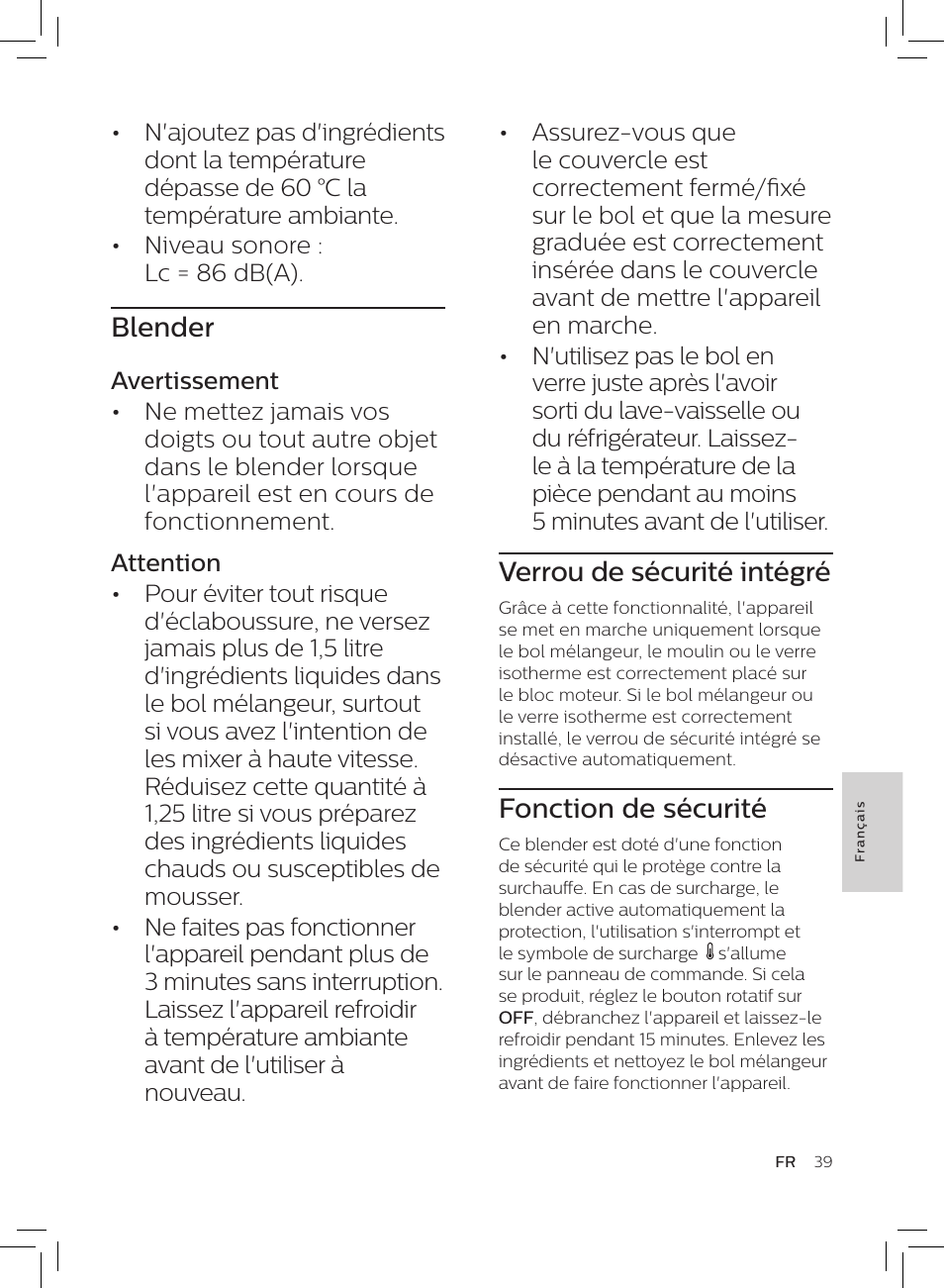 Verrou de sécurité intégré, Fonction de sécurité, Blender | Philips HR3652/01 User Manual | Page 35 / 82
