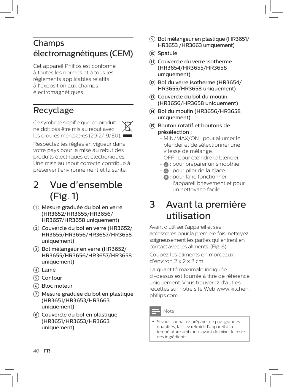 3 avant la première utilisation, 2 vue d'ensemble (fig. 1), Champs électromagnétiques (cem) | Recyclage | Philips HR3652/01 User Manual | Page 36 / 82