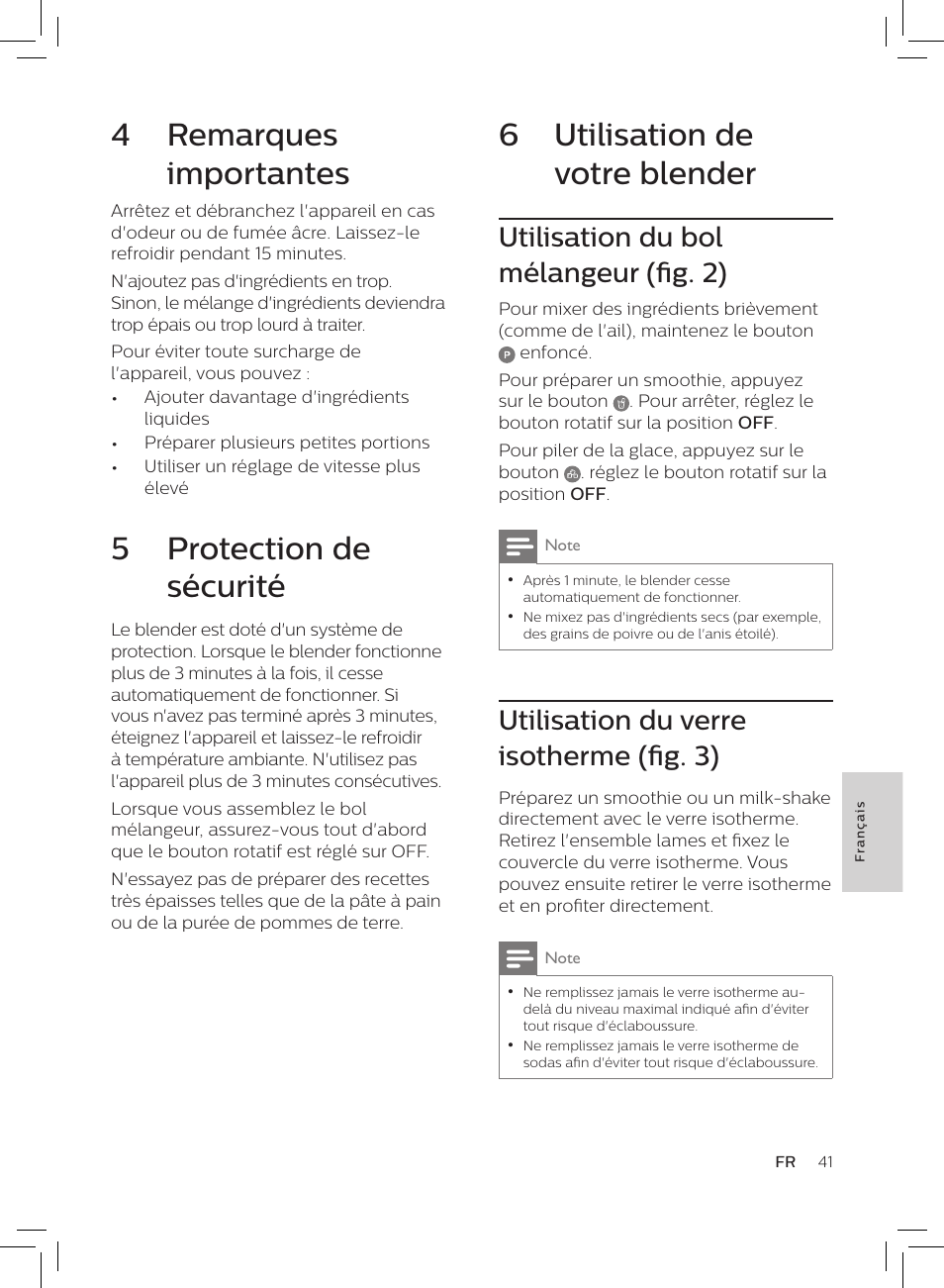 6 utilisation de votre blender, 4 remarques importantes, 5 protection de sécurité | Utilisation du bol mélangeur (fig. 2), Utilisation du verre isotherme (fig. 3) | Philips HR3652/01 User Manual | Page 37 / 82