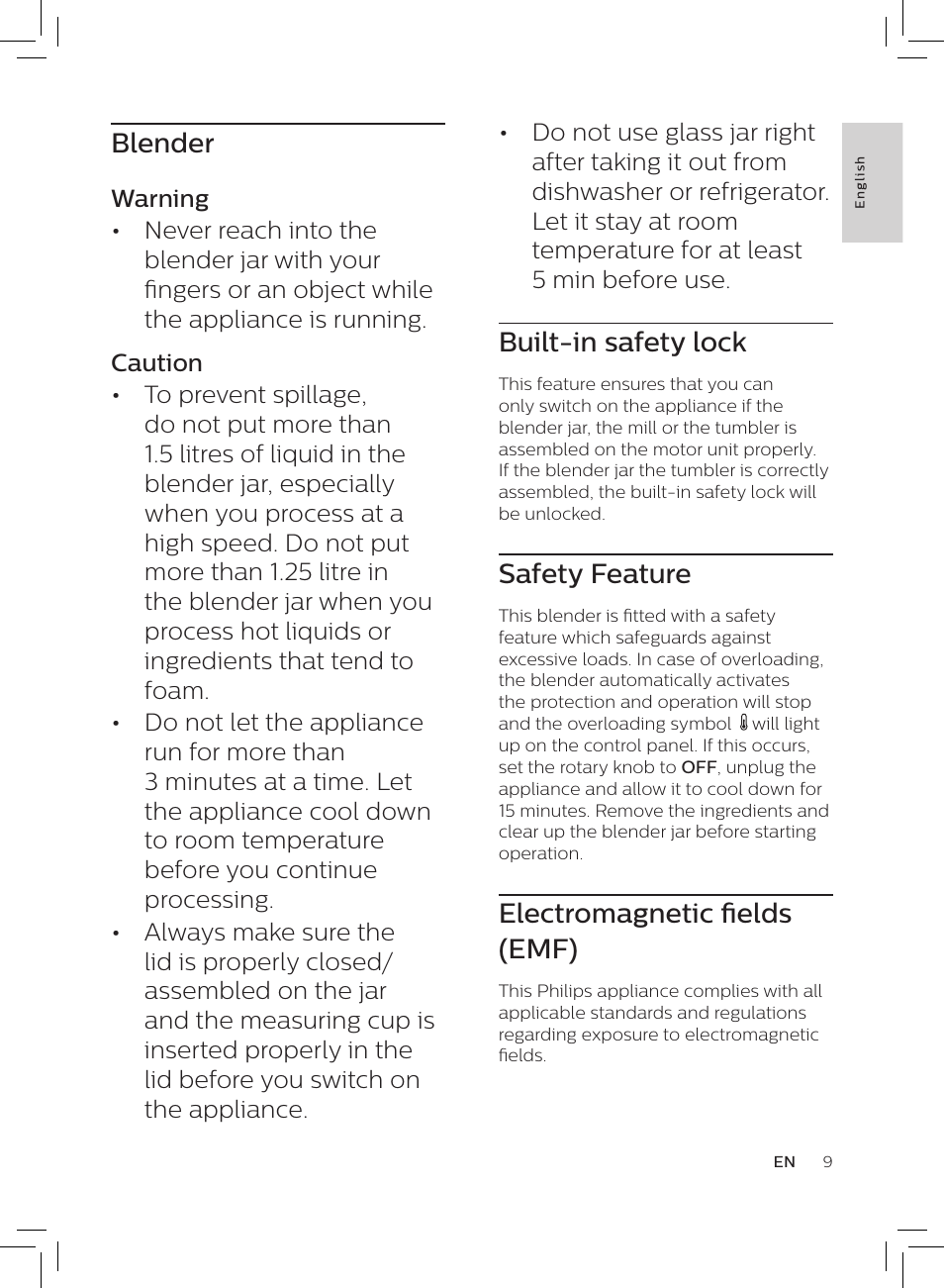 Built-in safety lock, Safety feature, Electromagnetic fields (emf) | Blender | Philips HR3652/01 User Manual | Page 5 / 82