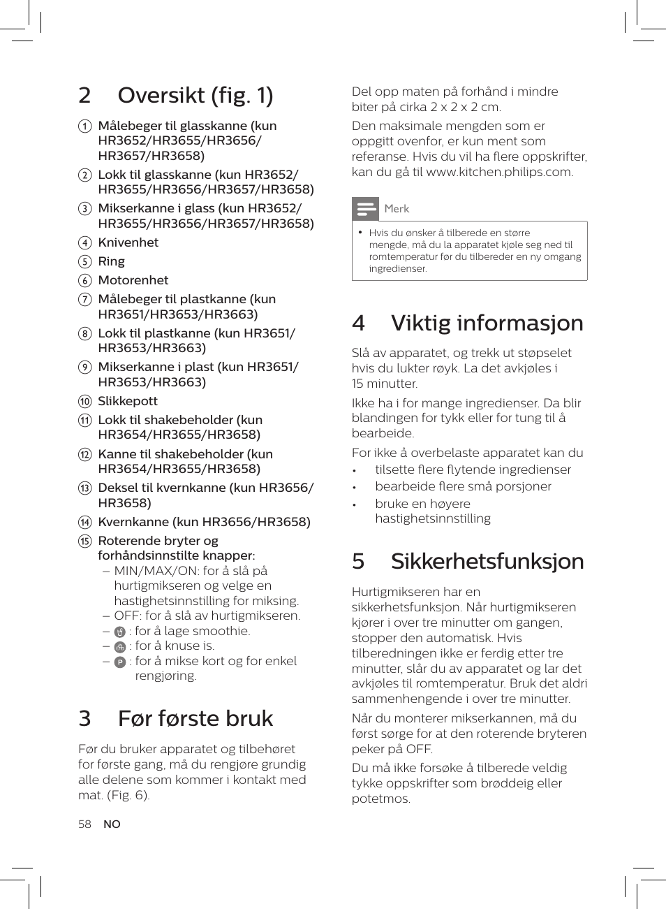 4 viktig informasjon, 5 sikkerhetsfunksjon, 2 oversikt (fig. 1) | 3 før første bruk | Philips HR3652/01 User Manual | Page 54 / 82