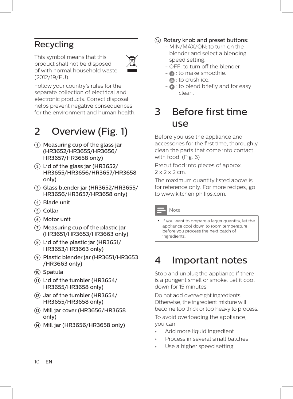 3 before first time use, 2 overview (fig. 1), Recycling | Philips HR3652/01 User Manual | Page 6 / 82
