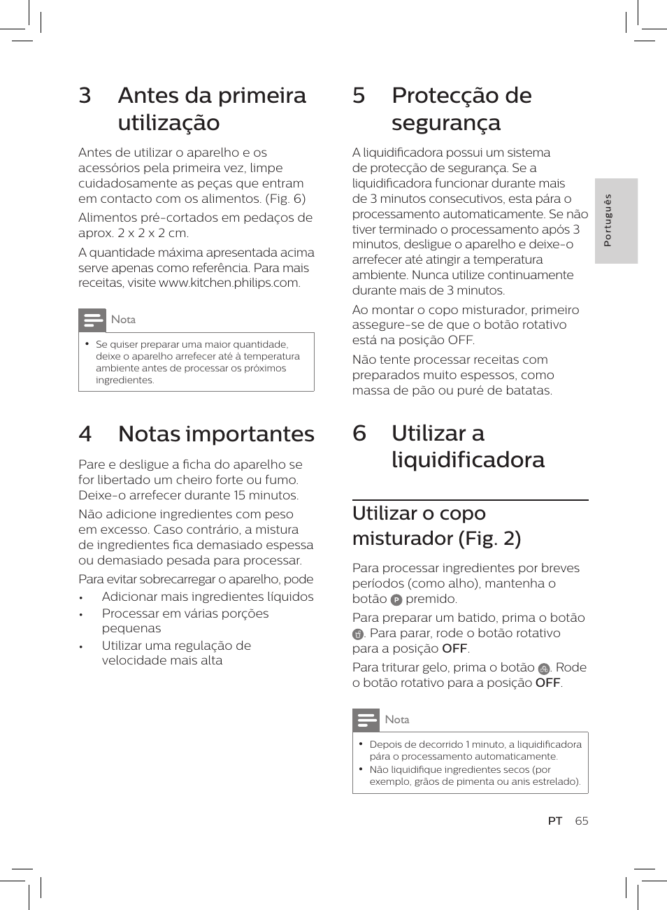 5 protecção de segurança, 6 utilizar a liquidificadora, 3 antes da primeira utilização | 4 notas importantes, Utilizar o copo misturador (fig. 2) | Philips HR3652/01 User Manual | Page 61 / 82