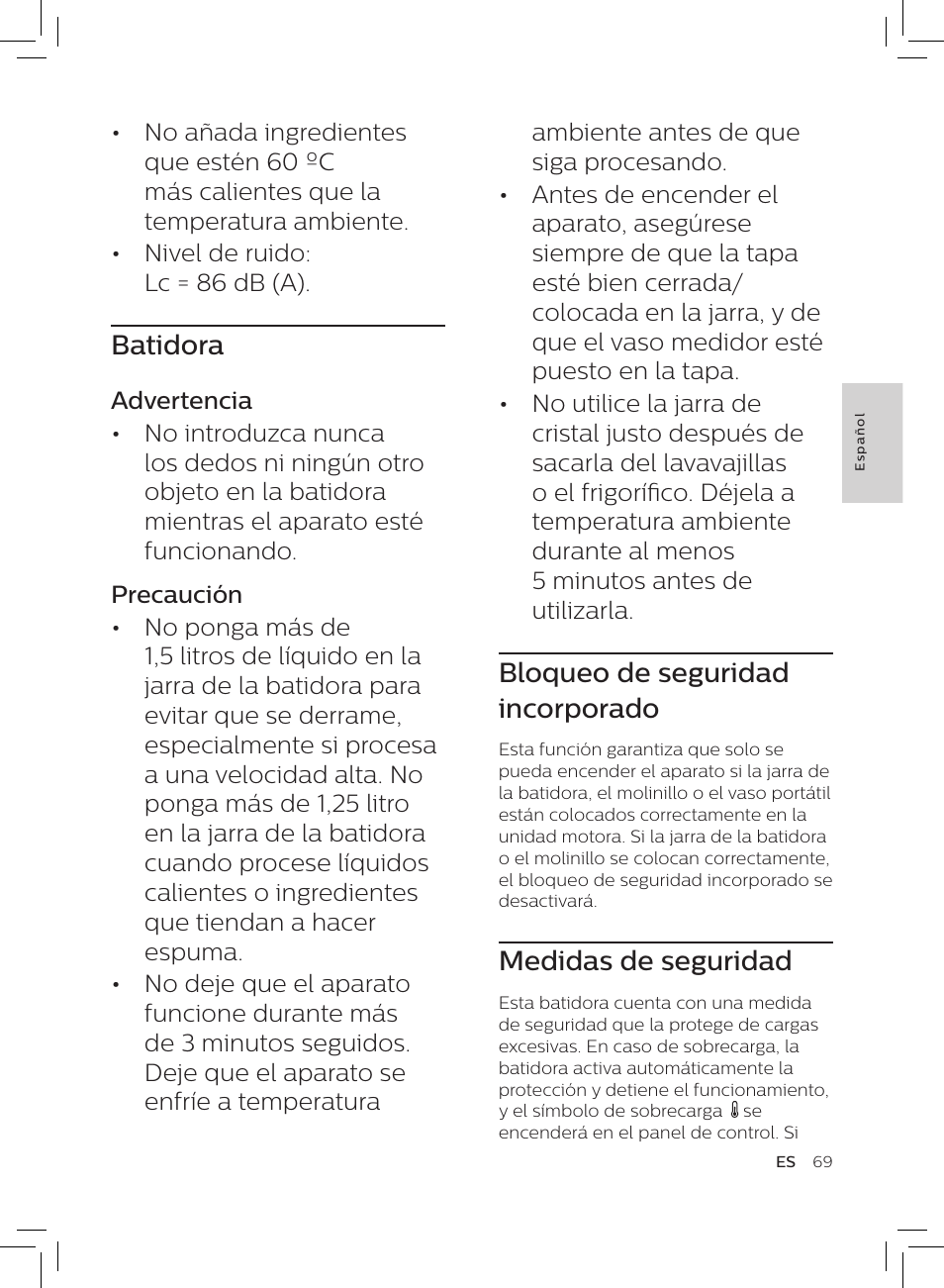 Bloqueo de seguridad incorporado, Medidas de seguridad, Batidora | Philips HR3652/01 User Manual | Page 65 / 82