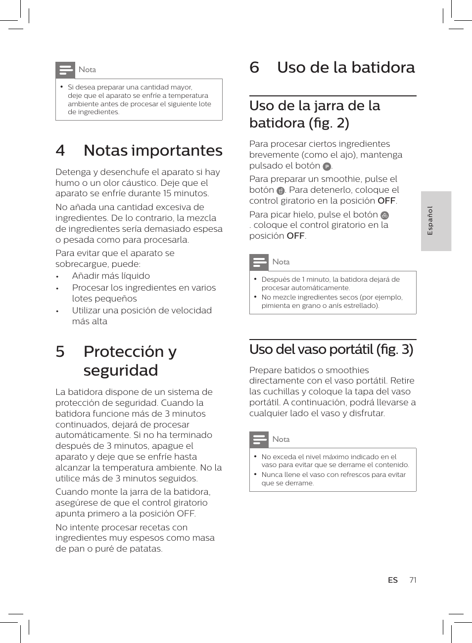 6 uso de la batidora, 4 notas importantes, 5 protección y seguridad | Uso de la jarra de la batidora (fig. 2), Uso del vaso portátil (fig. 3) | Philips HR3652/01 User Manual | Page 67 / 82
