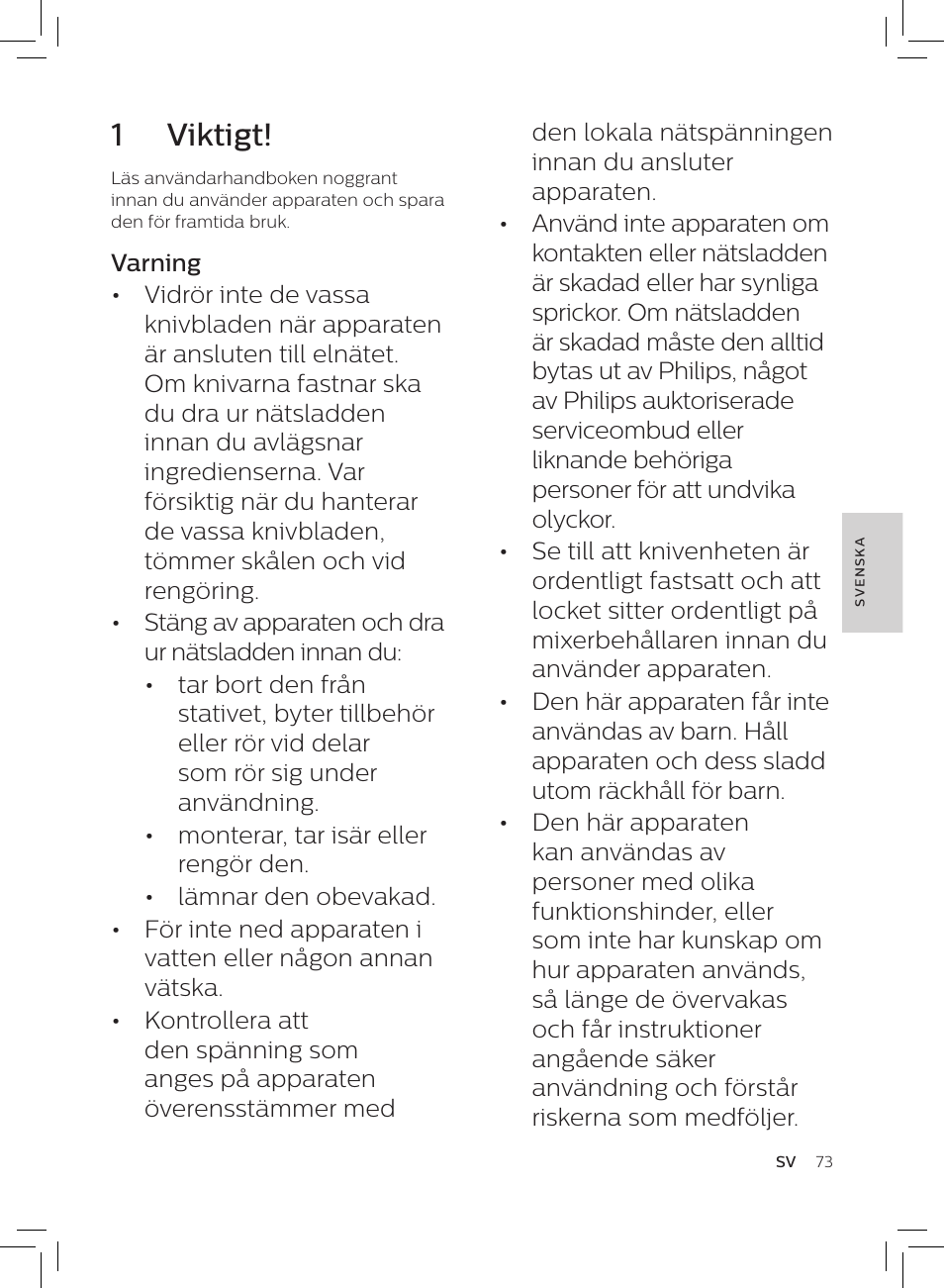 1 viktigt | Philips HR3652/01 User Manual | Page 69 / 82