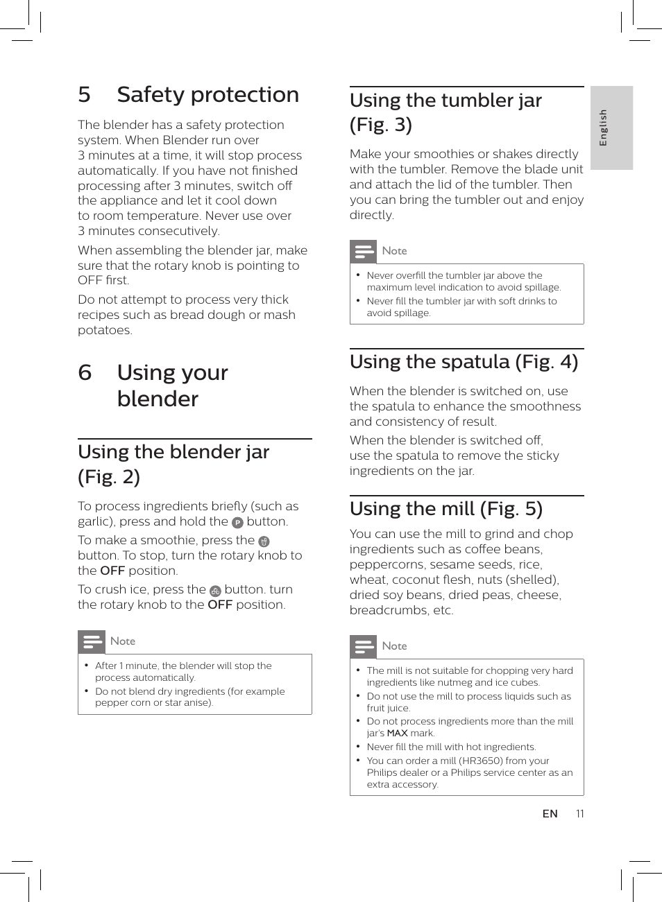 5 safety protection, 6 using your blender, Using the tumbler jar (fig. 3) | Using the spatula (fig. 4), Using the mill (fig. 5), Using the blender jar (fig. 2) | Philips HR3652/01 User Manual | Page 7 / 82