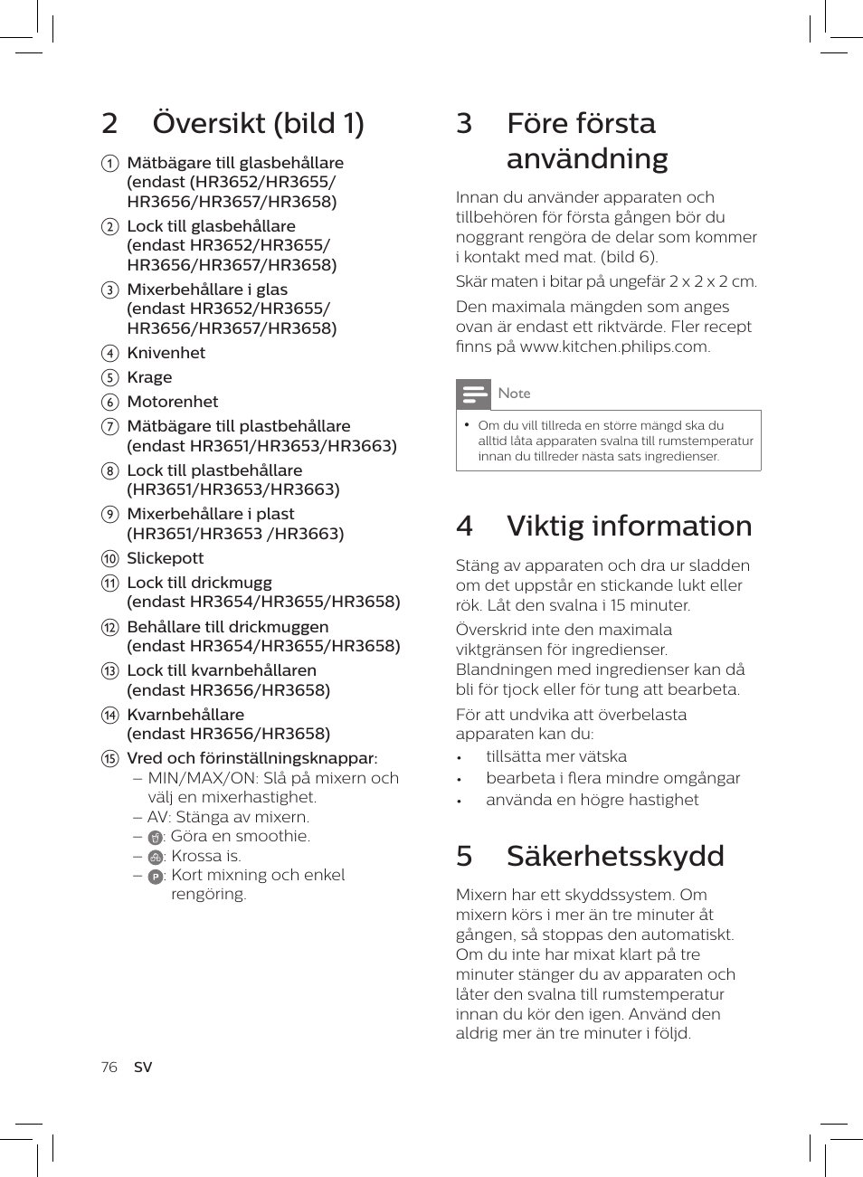 3 före första användning, 4 viktig information, 5 säkerhetsskydd | 2 översikt (bild 1) | Philips HR3652/01 User Manual | Page 72 / 82