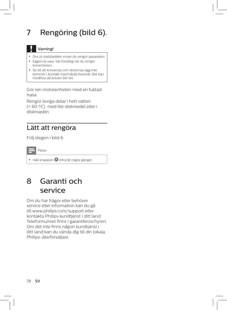 7 rengöring (bild 6), 8 garanti och service, Lätt att rengöra | Philips HR3652/01 User Manual | Page 74 / 82