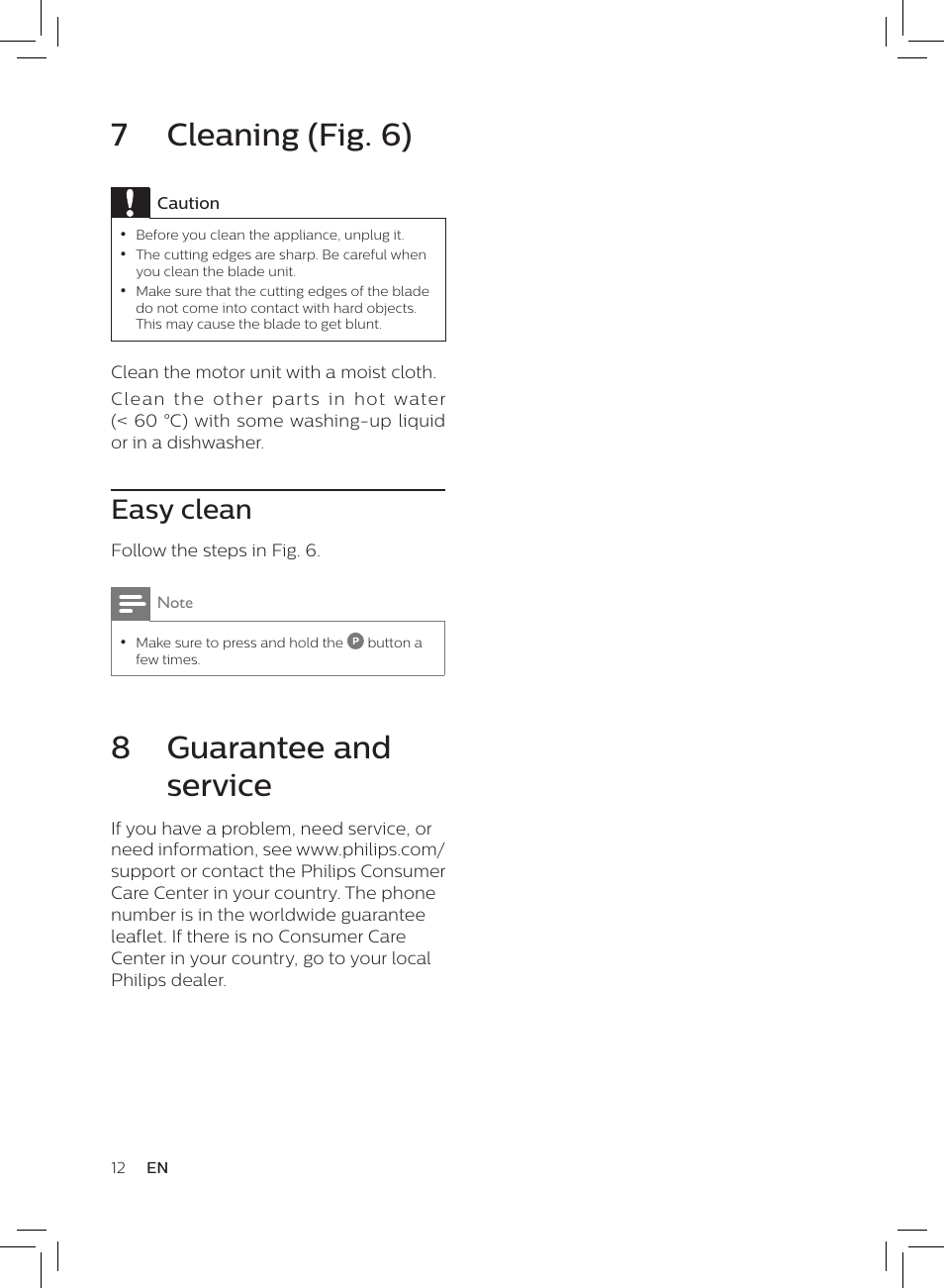 7 cleaning (fig. 6), 8 guarantee and service, Easy clean | Philips HR3652/01 User Manual | Page 8 / 82