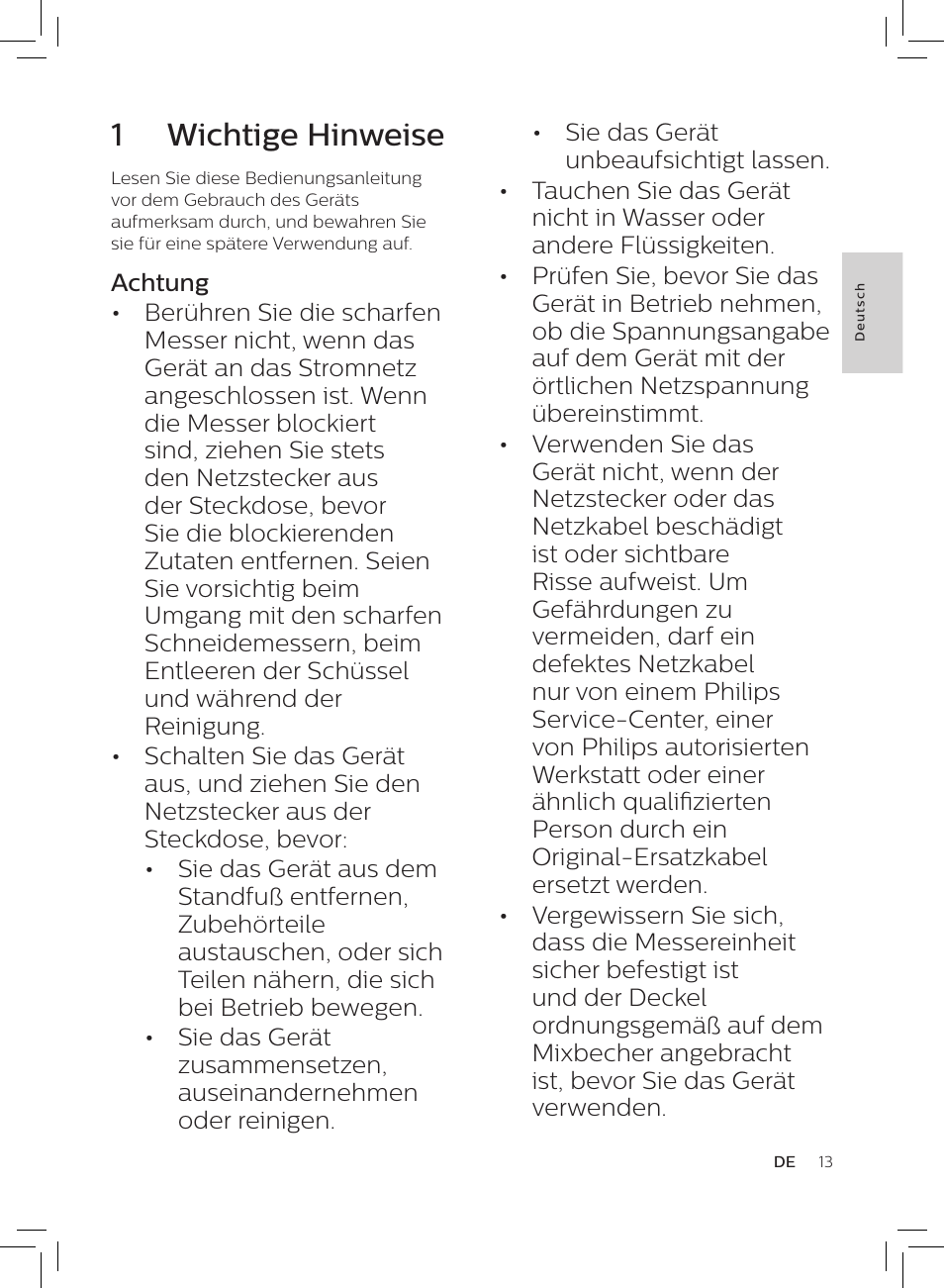 1 wichtige hinweise | Philips HR3652/01 User Manual | Page 9 / 82