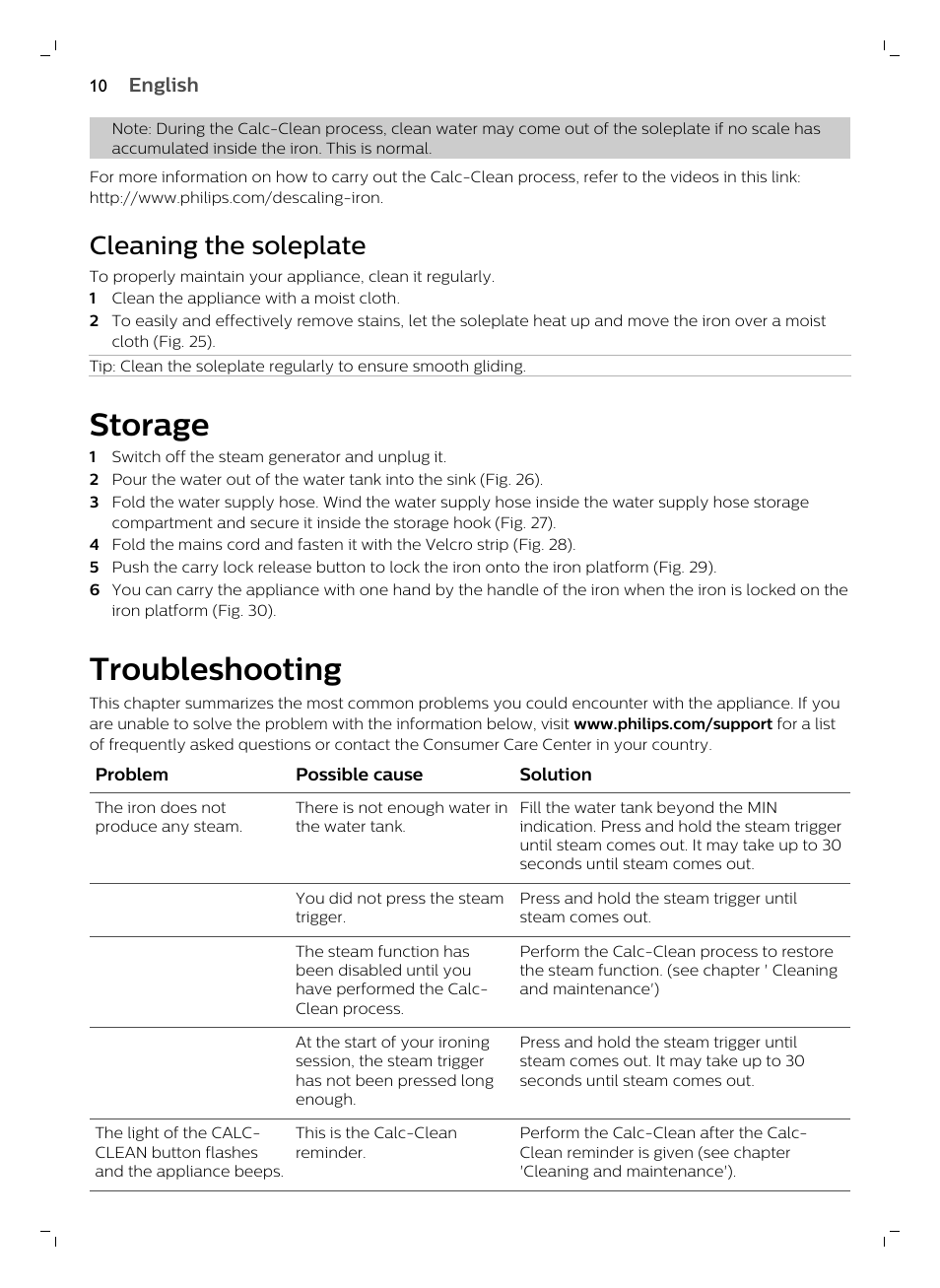 Cleaning the soleplate, Storage, Troubleshooting | Philips GC7833/80 User Manual | Page 10 / 138