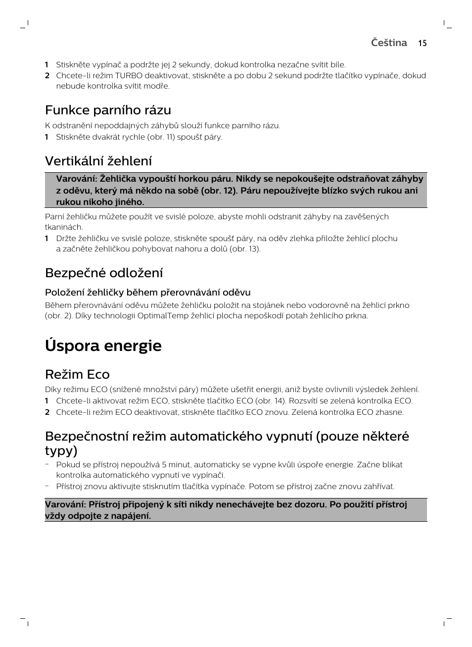 Funkce parního rázu, Vertikální žehlení, Bezpečné odložení | Úspora energie, Režim eco | Philips GC7833/80 User Manual | Page 15 / 138