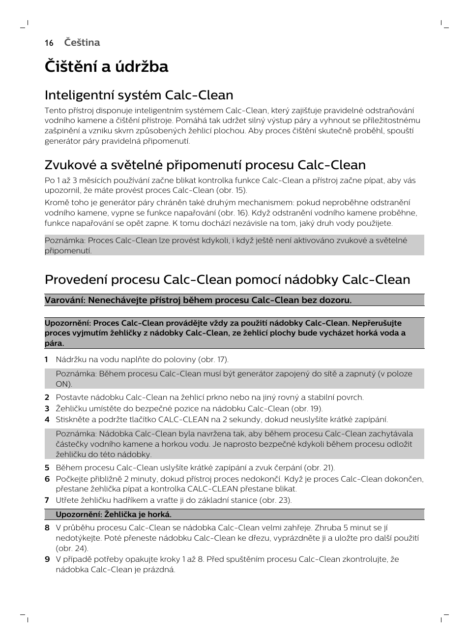 Čištění a údržba, Inteligentní systém calc-clean, Zvukové a světelné připomenutí procesu calc-clean | Philips GC7833/80 User Manual | Page 16 / 138