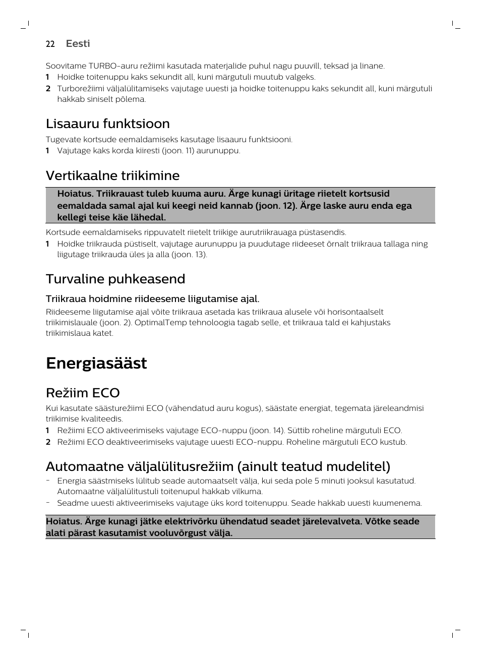 Lisaauru funktsioon, Vertikaalne triikimine, Turvaline puhkeasend | Energiasääst, Režiim eco | Philips GC7833/80 User Manual | Page 22 / 138