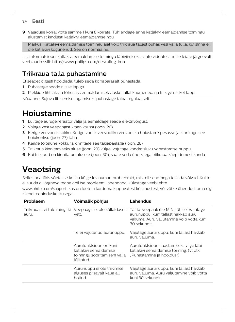 Triikraua talla puhastamine, Hoiustamine, Veaotsing | Philips GC7833/80 User Manual | Page 24 / 138