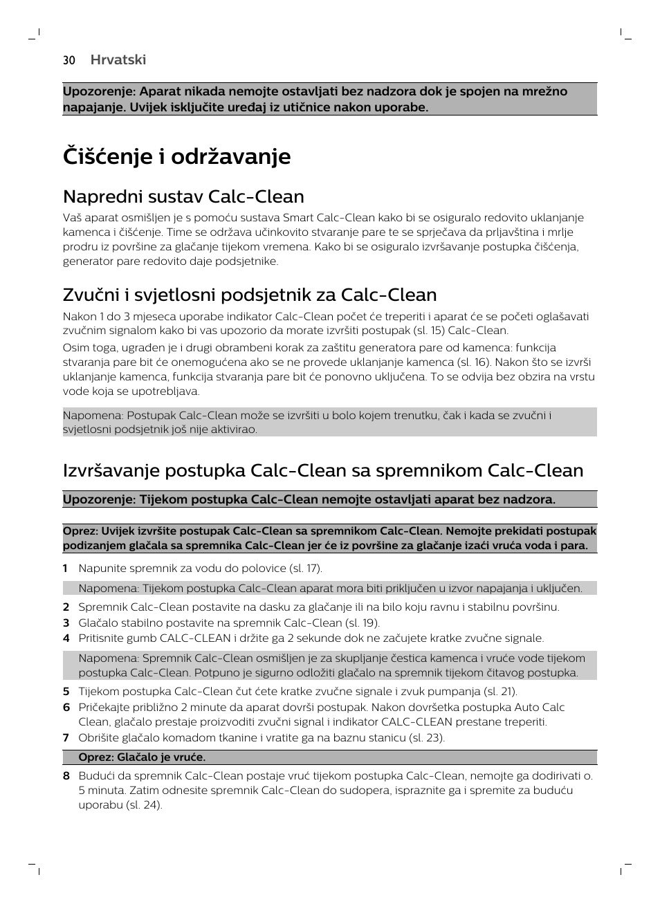 Čišćenje i održavanje, Napredni sustav calc-clean, Zvučni i svjetlosni podsjetnik za calc-clean | Philips GC7833/80 User Manual | Page 30 / 138