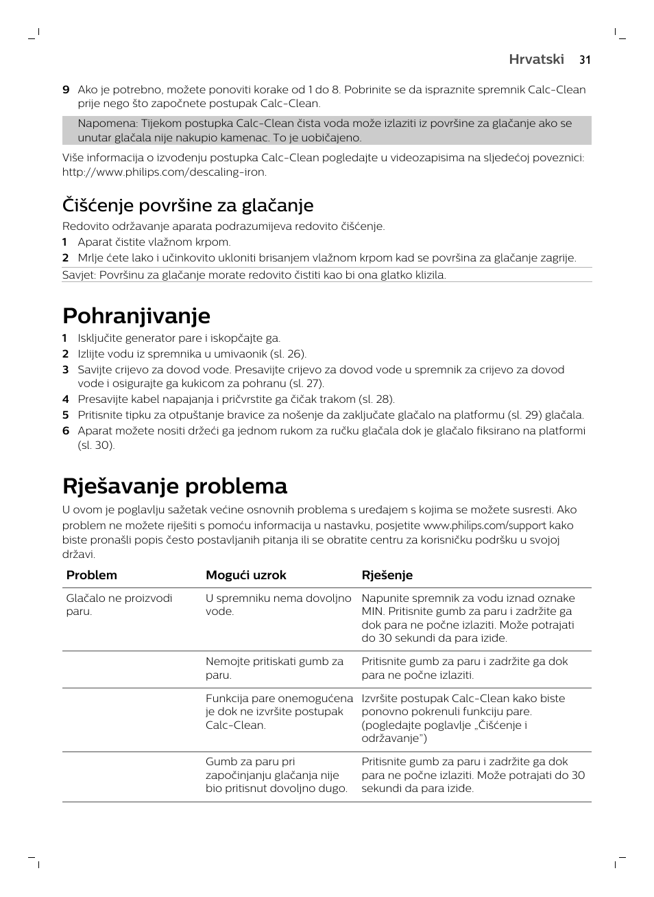 Čišćenje površine za glačanje, Pohranjivanje, Rješavanje problema | Philips GC7833/80 User Manual | Page 31 / 138