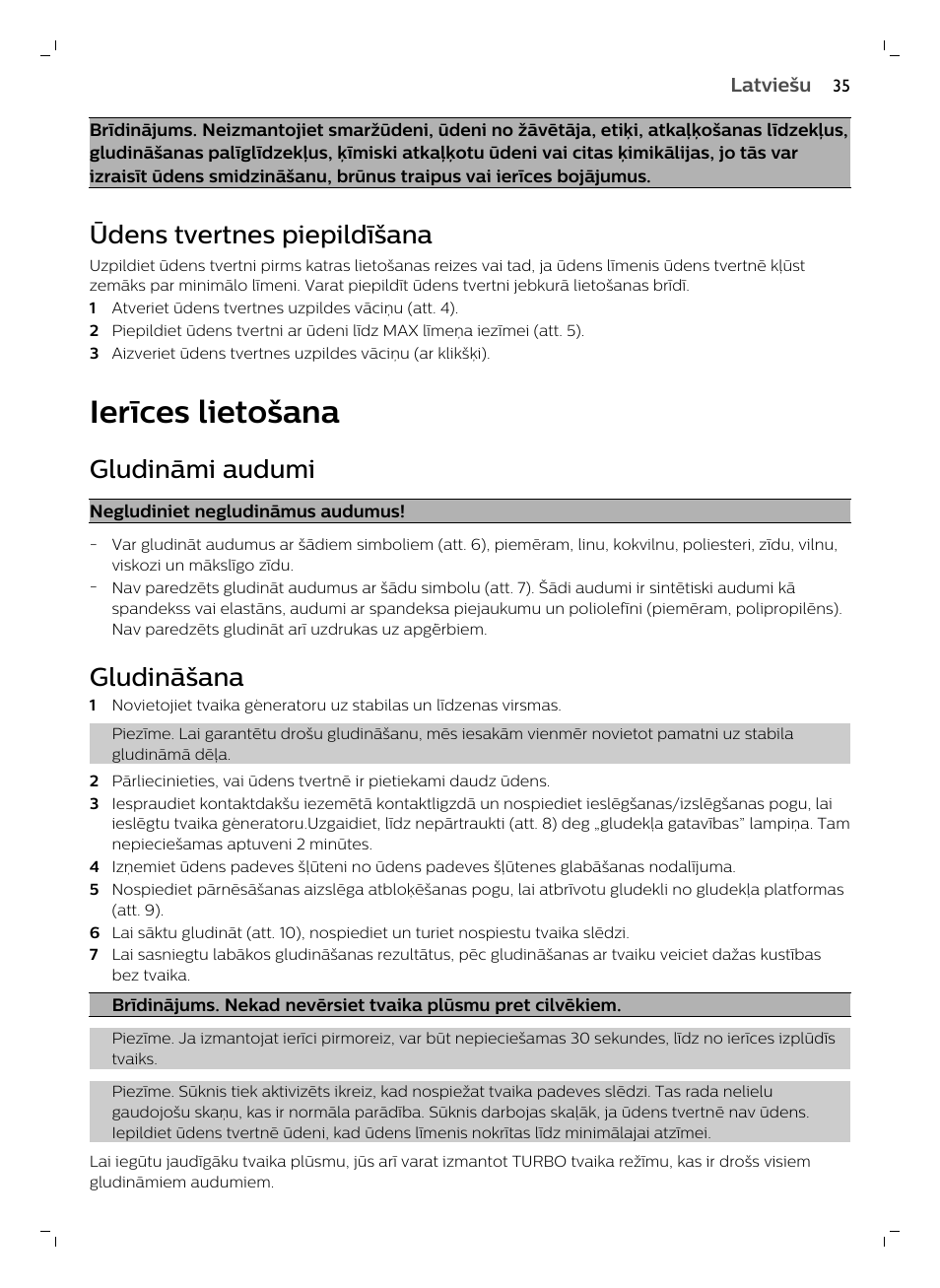 Ūdens tvertnes piepildīšana, Ierīces lietošana, Gludināmi audumi | Gludināšana | Philips GC7833/80 User Manual | Page 35 / 138