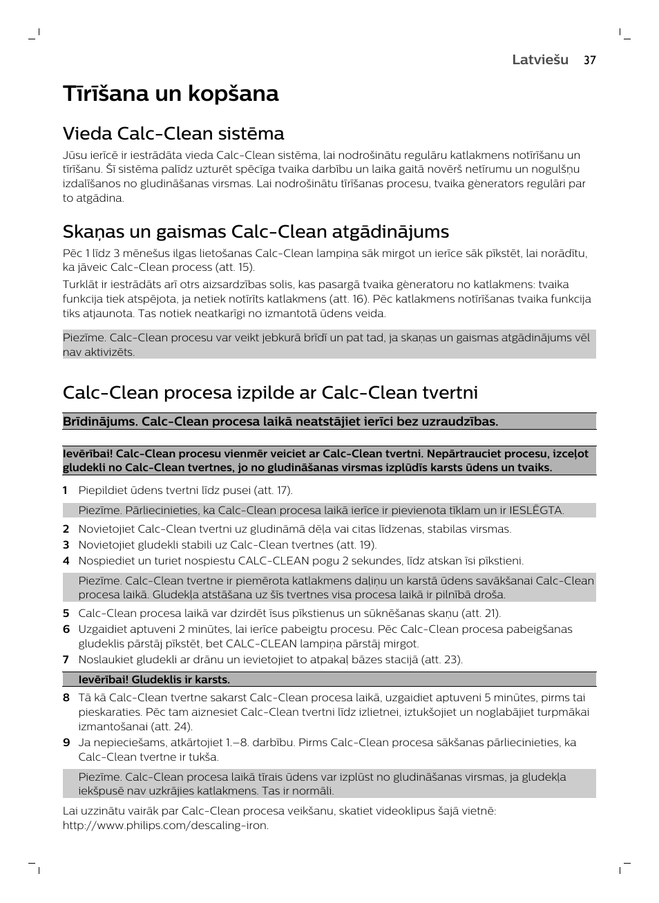 Tīrīšana un kopšana, Vieda calc-clean sistēma, Skaņas un gaismas calc-clean atgādinājums | Calc-clean procesa izpilde ar calc-clean tvertni | Philips GC7833/80 User Manual | Page 37 / 138