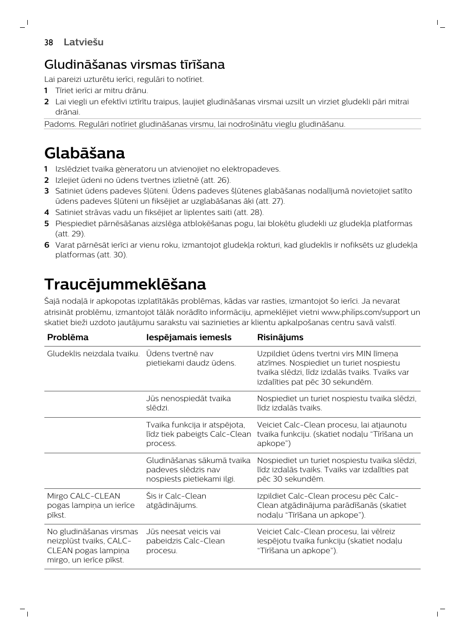 Gludināšanas virsmas tīrīšana, Glabāšana, Traucējummeklēšana | Philips GC7833/80 User Manual | Page 38 / 138