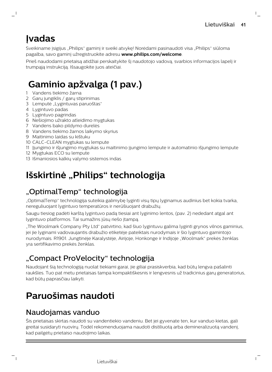 Įvadas, Gaminio apžvalga (1 pav.), Išskirtinė „philips“ technologija | Optimaltemp“ technologija, Compact provelocity“ technologija, Paruošimas naudoti, Naudojamas vanduo | Philips GC7833/80 User Manual | Page 41 / 138