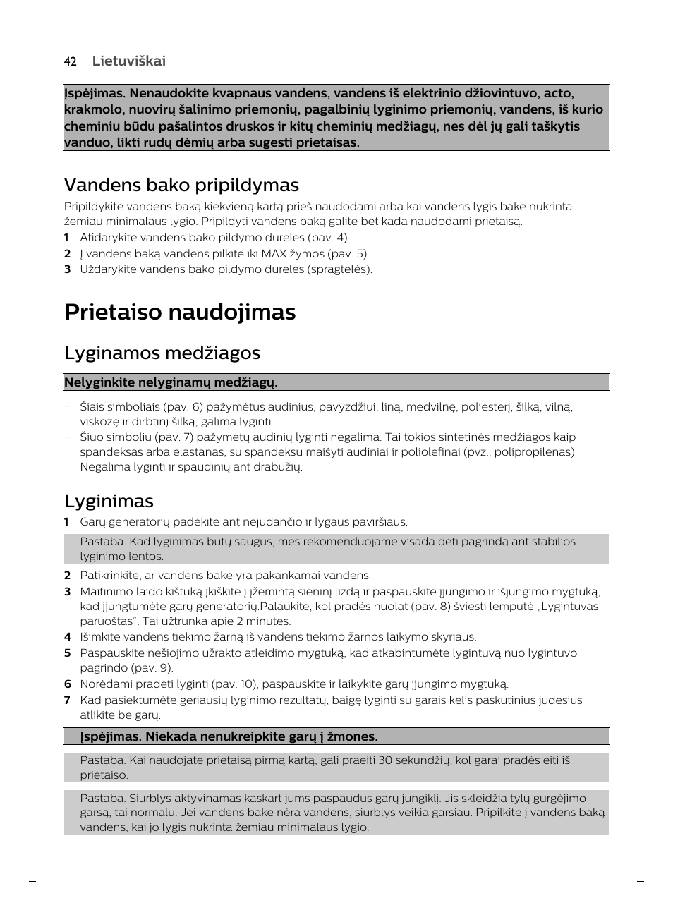 Vandens bako pripildymas, Prietaiso naudojimas, Lyginamos medžiagos | Lyginimas | Philips GC7833/80 User Manual | Page 42 / 138