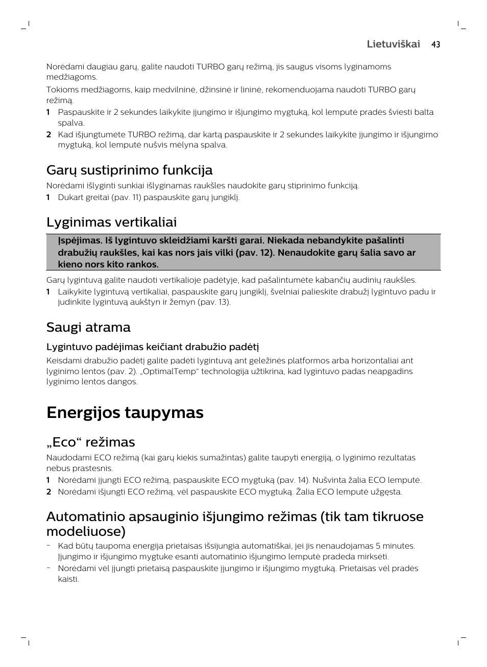 Garų sustiprinimo funkcija, Lyginimas vertikaliai, Saugi atrama | Energijos taupymas, Eco“ režimas | Philips GC7833/80 User Manual | Page 43 / 138