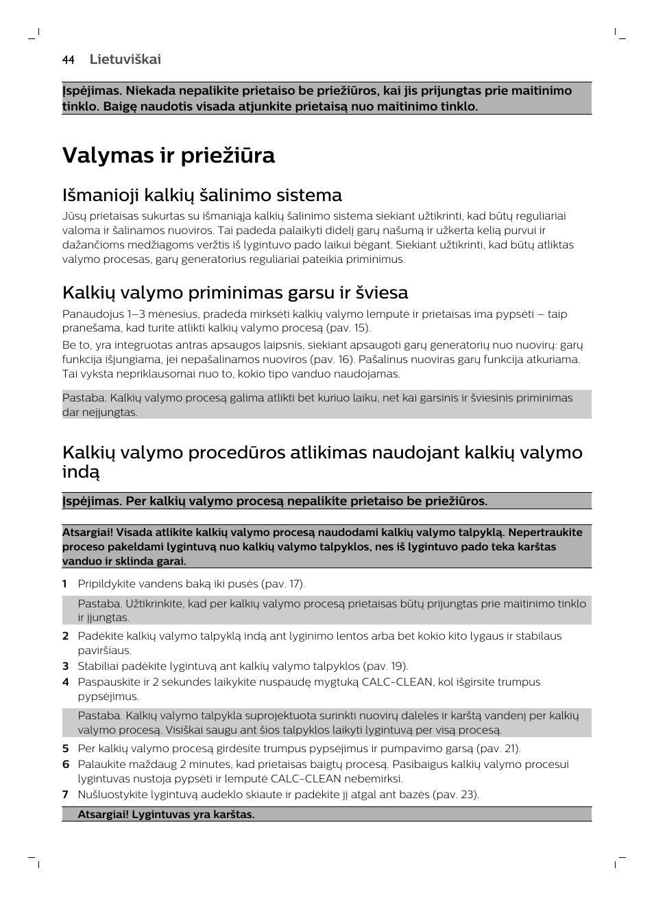 Valymas ir priežiūra, Išmanioji kalkių šalinimo sistema, Kalkių valymo priminimas garsu ir šviesa | Philips GC7833/80 User Manual | Page 44 / 138