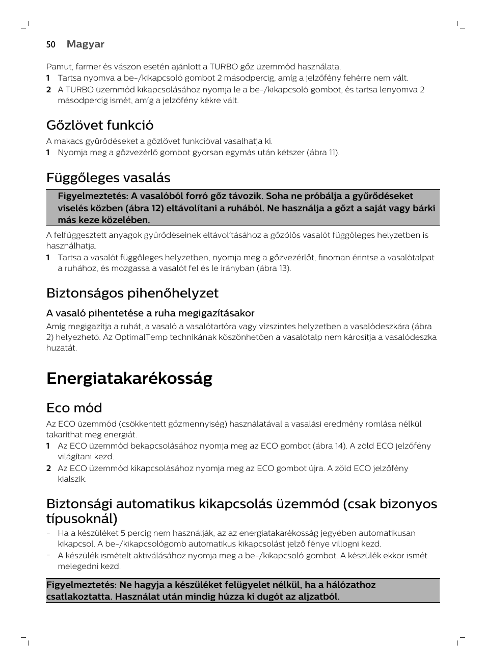 Gőzlövet funkció, Függőleges vasalás, Biztonságos pihenőhelyzet | Energiatakarékosság, Eco mód | Philips GC7833/80 User Manual | Page 50 / 138