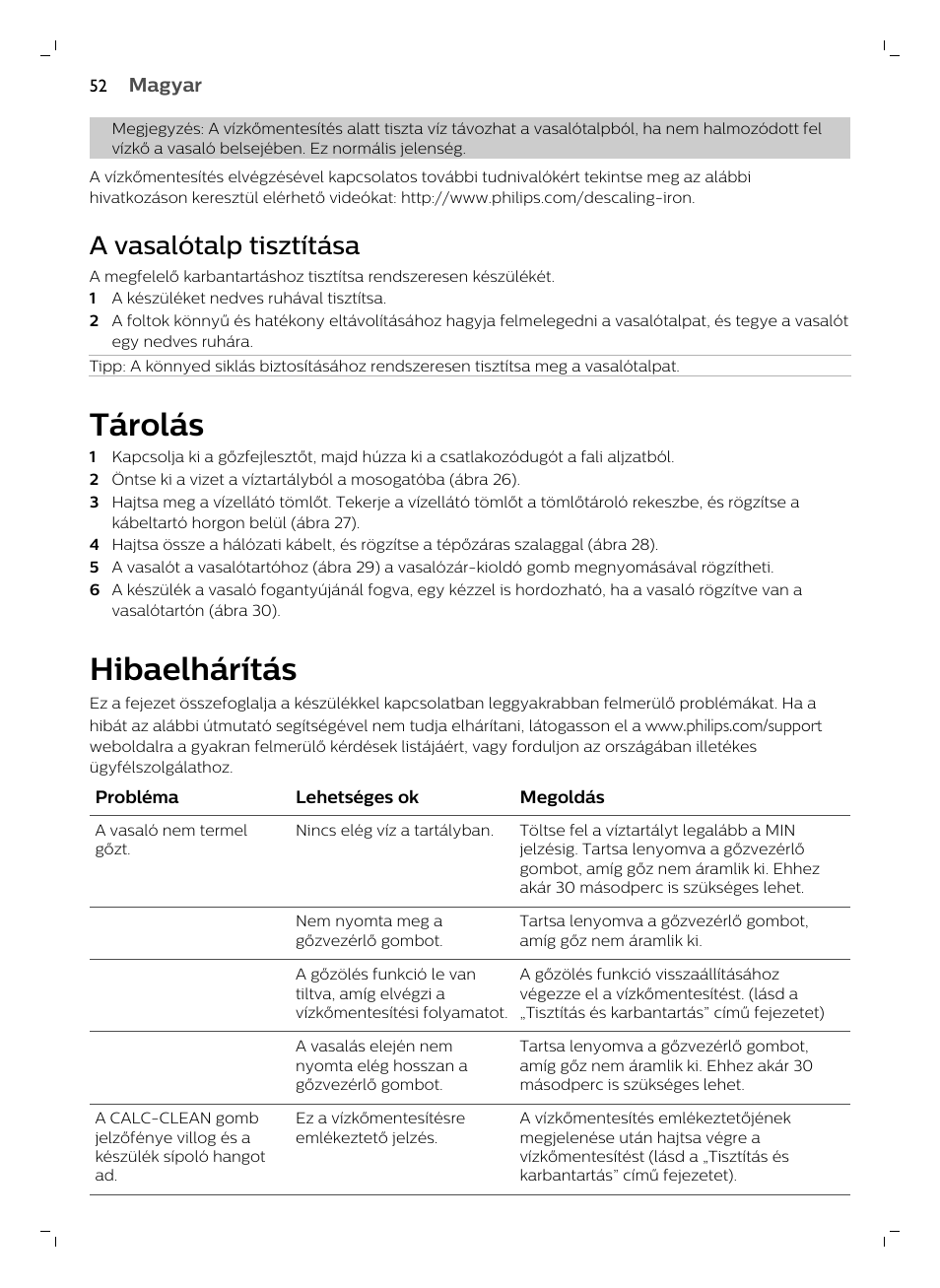 A vasalótalp tisztítása, Tárolás, Hibaelhárítás | Philips GC7833/80 User Manual | Page 52 / 138