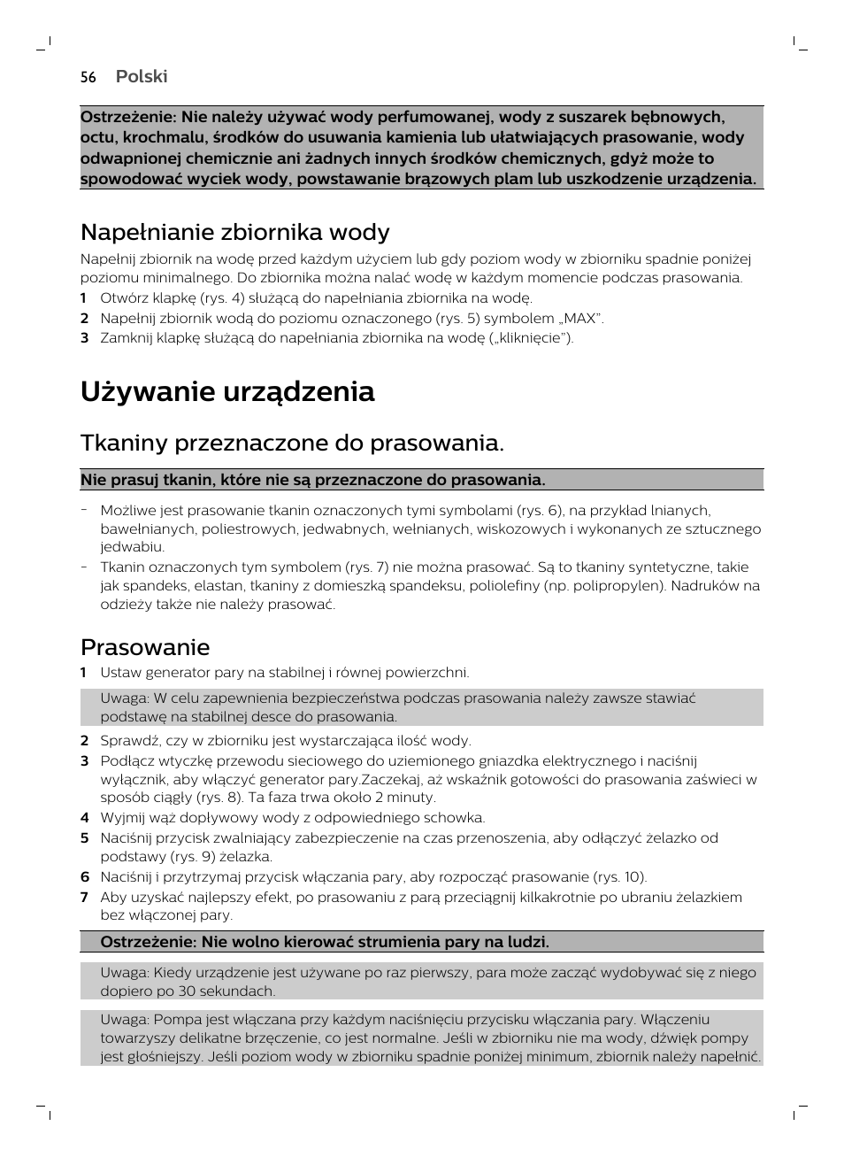 Napełnianie zbiornika wody, Używanie urządzenia, Tkaniny przeznaczone do prasowania | Prasowanie | Philips GC7833/80 User Manual | Page 56 / 138