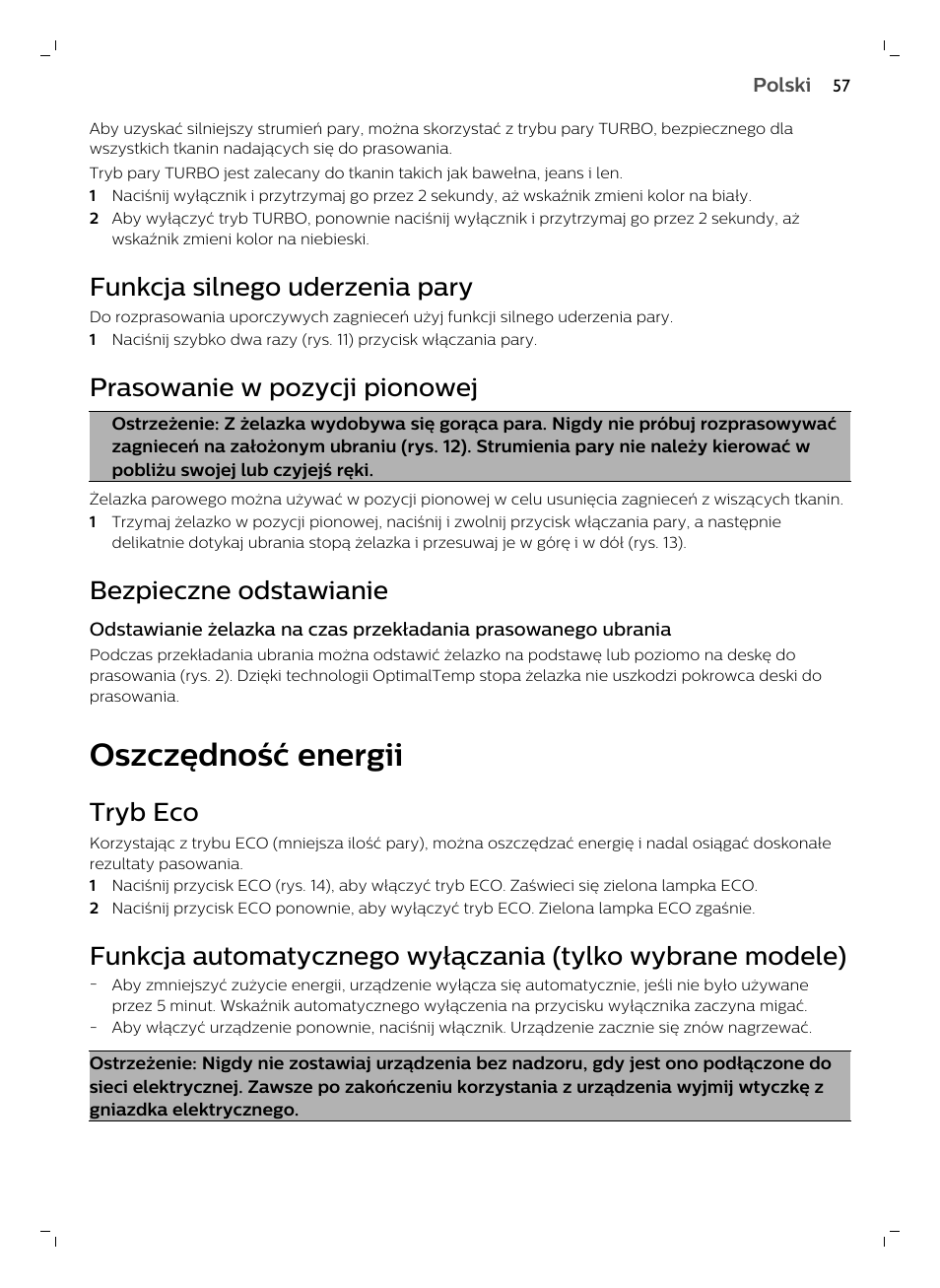 Funkcja silnego uderzenia pary, Prasowanie w pozycji pionowej, Bezpieczne odstawianie | Oszczędność energii, Tryb eco | Philips GC7833/80 User Manual | Page 57 / 138