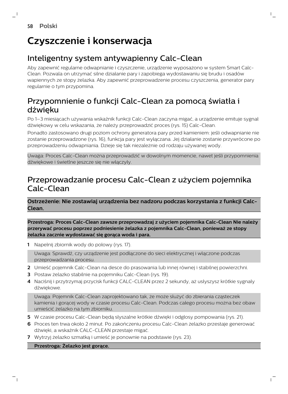 Czyszczenie i konserwacja, Inteligentny system antywapienny calc-clean | Philips GC7833/80 User Manual | Page 58 / 138