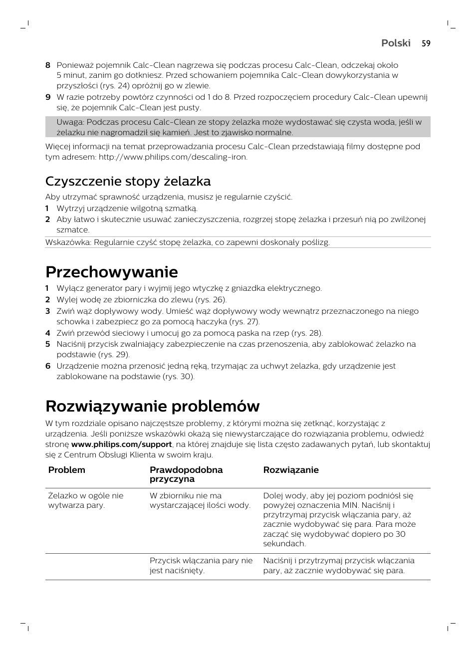 Czyszczenie stopy żelazka, Przechowywanie, Rozwiązywanie problemów | Philips GC7833/80 User Manual | Page 59 / 138