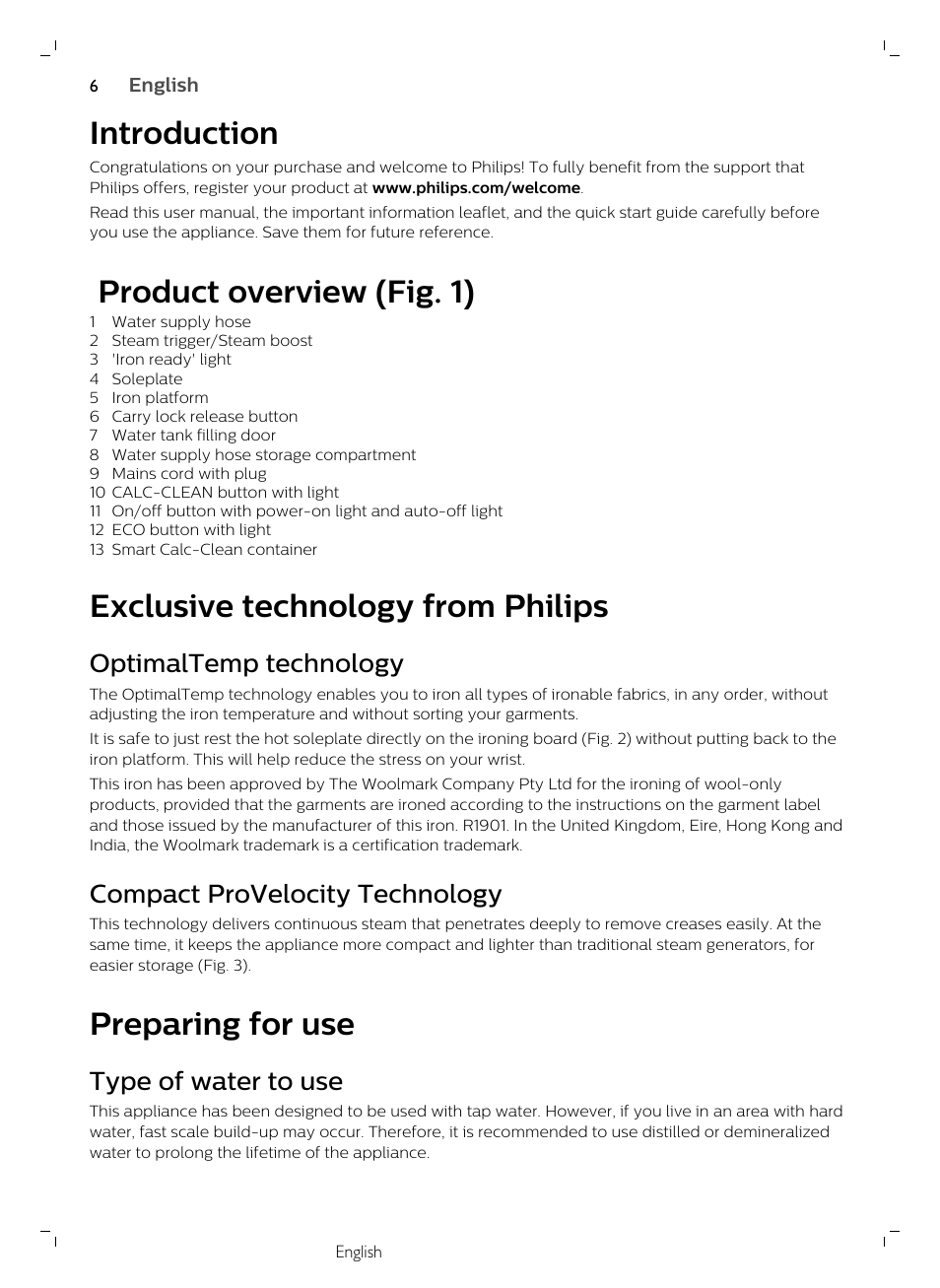 Introduction, Product overview (fig. 1), Exclusive technology from philips | Optimaltemp technology, Compact provelocity technology, Preparing for use, Type of water to use | Philips GC7833/80 User Manual | Page 6 / 138