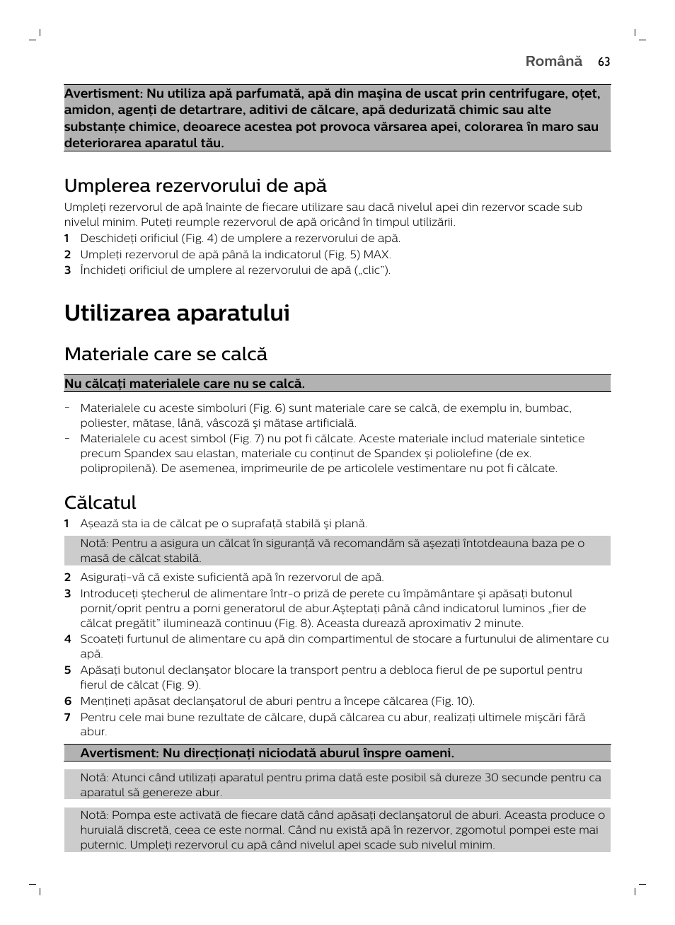 Umplerea rezervorului de apă, Utilizarea aparatului, Materiale care se calcă | Călcatul | Philips GC7833/80 User Manual | Page 63 / 138