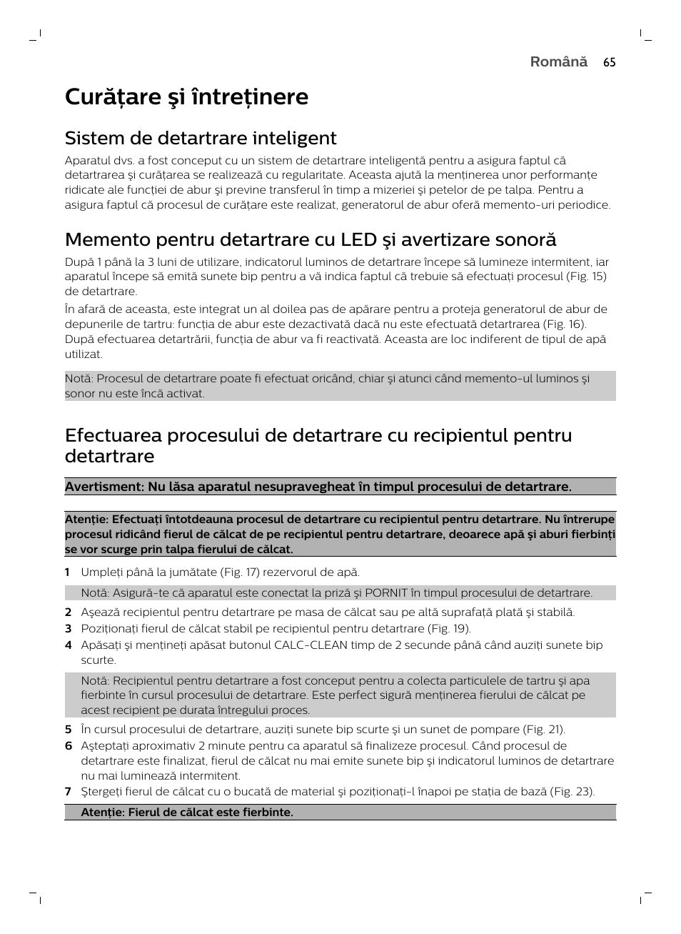 Curăţare şi întreţinere, Sistem de detartrare inteligent | Philips GC7833/80 User Manual | Page 65 / 138