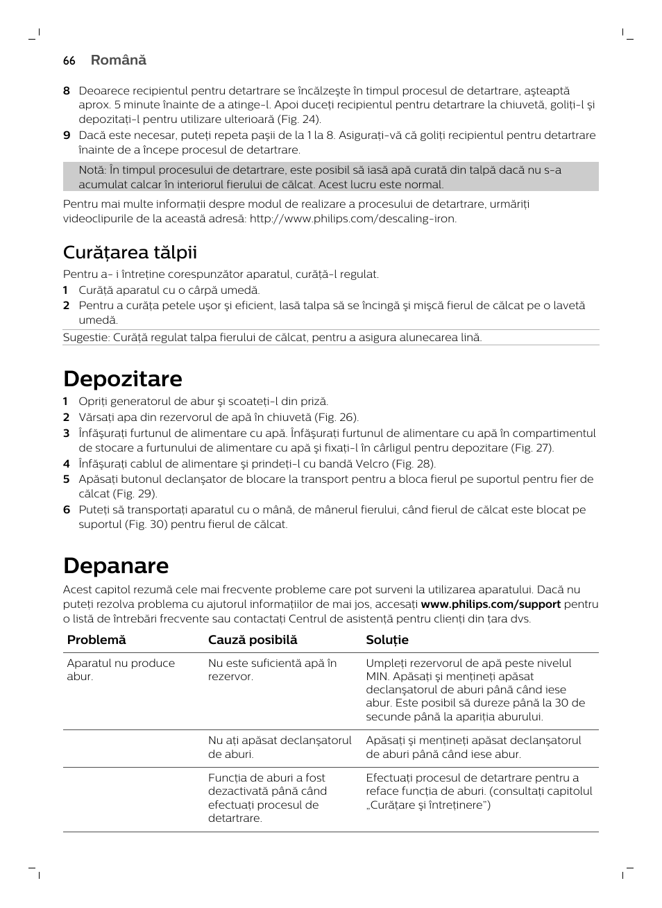 Curăţarea tălpii, Depozitare, Depanare | Philips GC7833/80 User Manual | Page 66 / 138