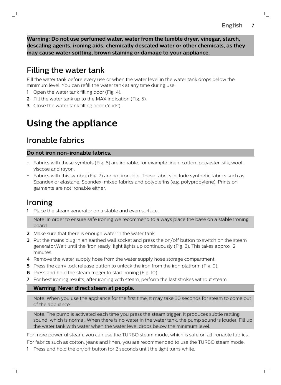 Filling the water tank, Using the appliance, Ironable fabrics | Ironing | Philips GC7833/80 User Manual | Page 7 / 138