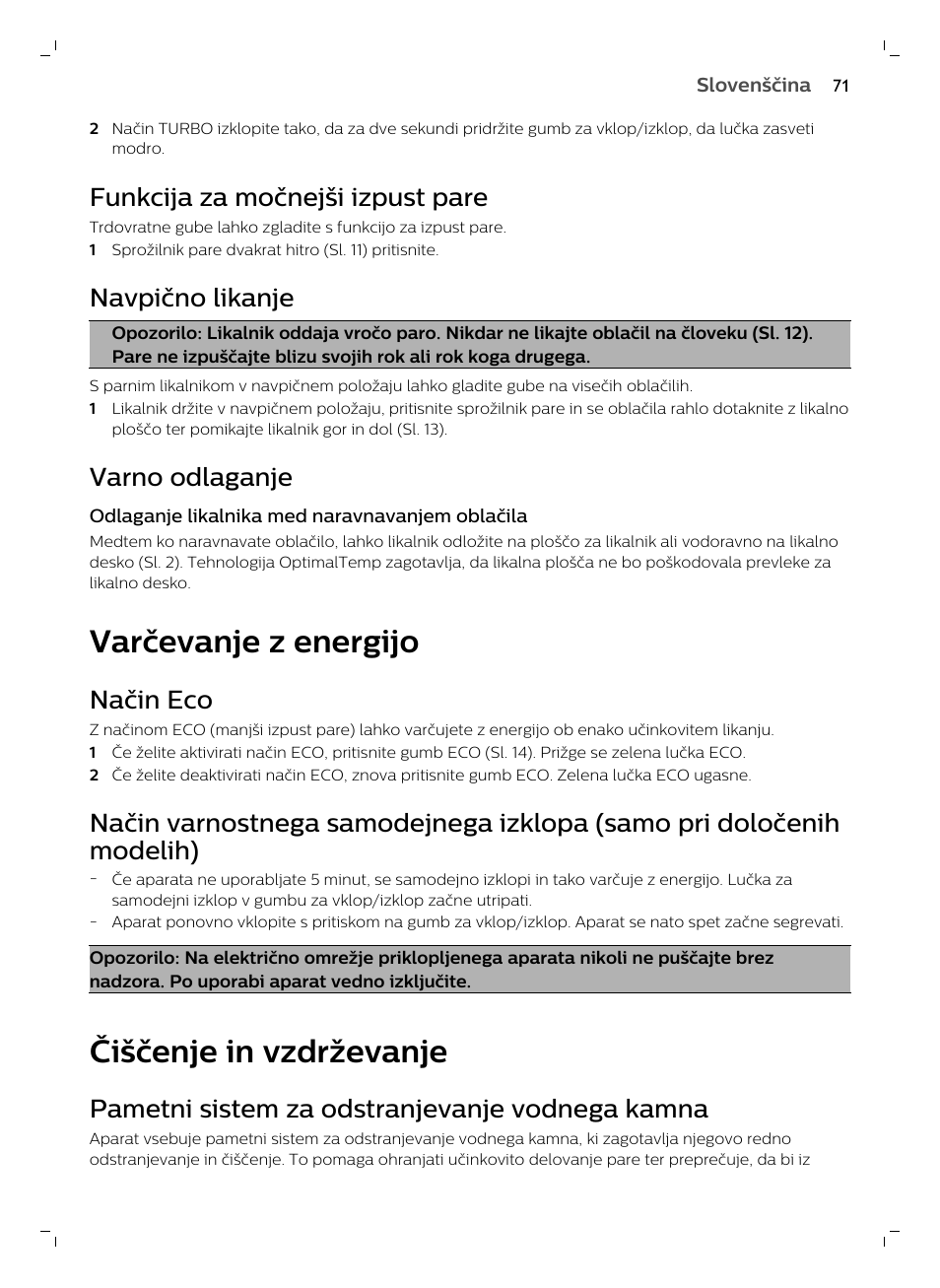 Funkcija za močnejši izpust pare, Navpično likanje, Varno odlaganje | Varčevanje z energijo, Način eco, Čiščenje in vzdrževanje, Pametni sistem za odstranjevanje vodnega kamna | Philips GC7833/80 User Manual | Page 71 / 138