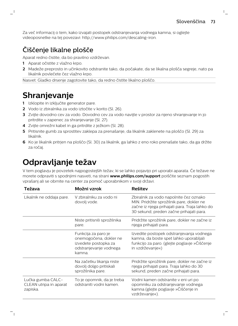 Čiščenje likalne plošče, Shranjevanje, Odpravljanje težav | Philips GC7833/80 User Manual | Page 73 / 138