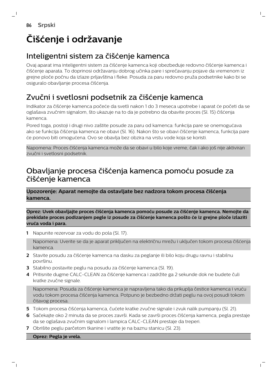 Čišćenje i održavanje, Inteligentni sistem za čišćenje kamenca, Zvučni i svetlosni podsetnik za čišćenje kamenca | Philips GC7833/80 User Manual | Page 86 / 138