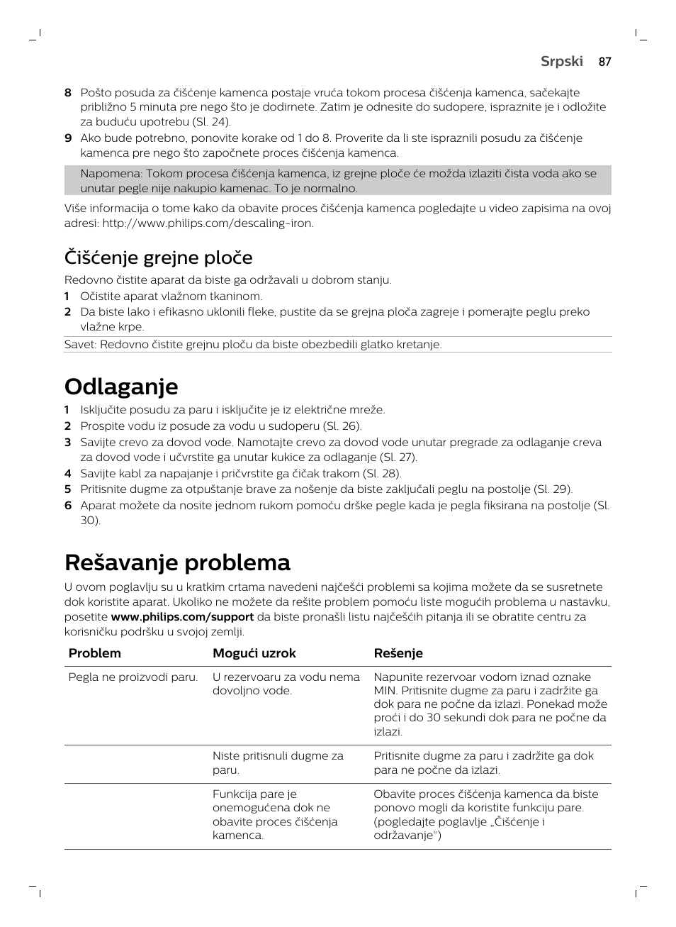 Čišćenje grejne ploče, Odlaganje, Rešavanje problema | Philips GC7833/80 User Manual | Page 87 / 138