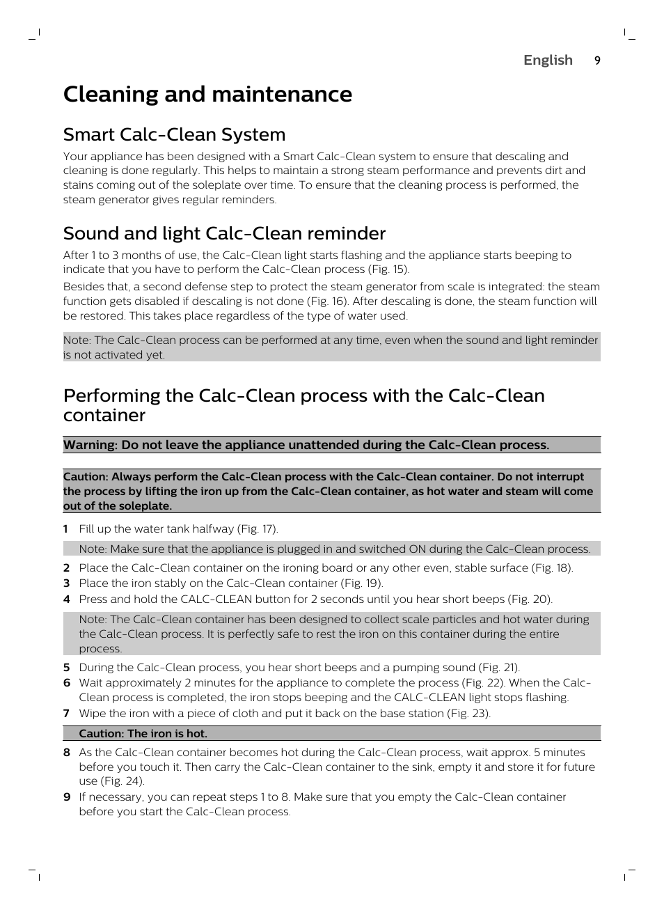 Cleaning and maintenance, Smart calc-clean system, Sound and light calc-clean reminder | Philips GC7833/80 User Manual | Page 9 / 138